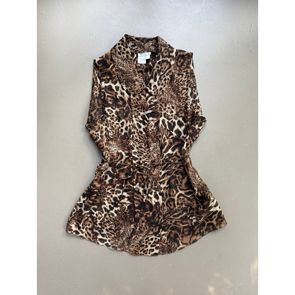 Vintage Worth 100% Silk Leopard Print Tie Waist Sleeveless Blouse Women’s 2